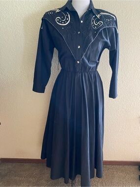 Lilia Smitty Vintage Black Western Shirt Dress Embellished A Line Full Skirt 5/6